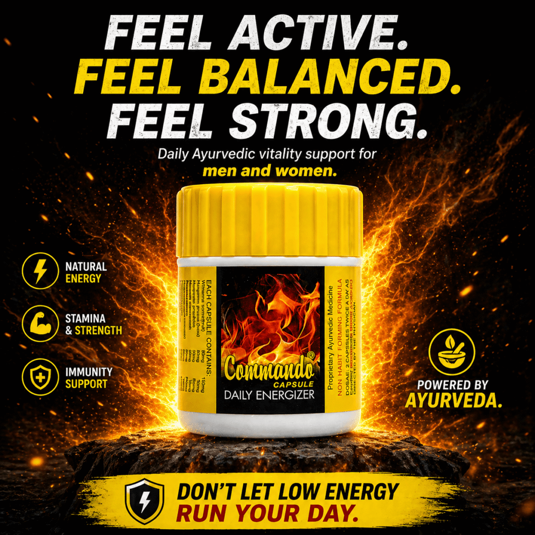 Commando Capsule Ayurvedic daily energizer, Commando Capsule low energy support, Commando Capsule strength and endurance support, Commando Capsule stress and focus support, Commando Capsule daily vitality formula, Commando Capsule digestion and absorption support, Commando Capsule complete Ayurvedic vitality formula, Commando Capsule Rasayana rejuvenation support, and Commando Capsule stamina and focus support.