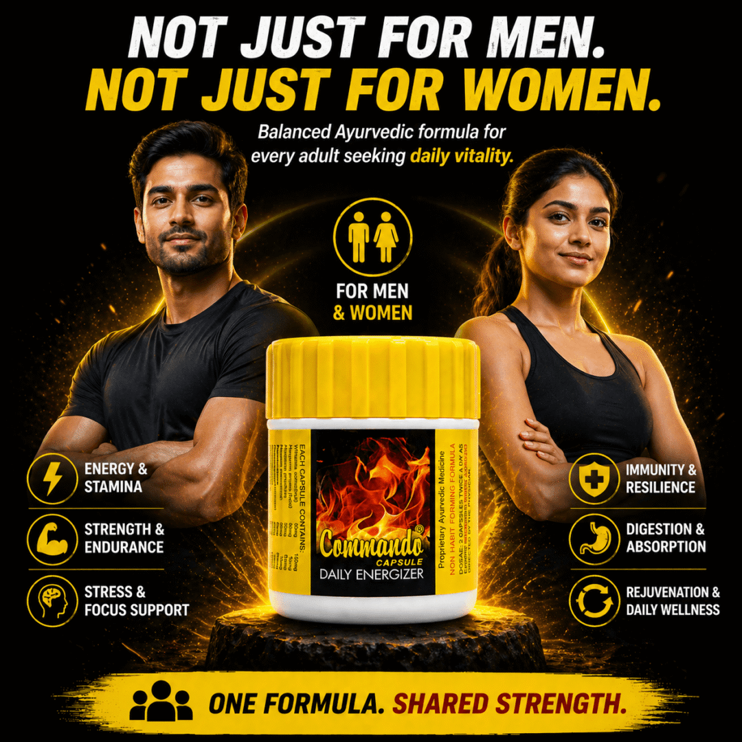 Commando Capsule Ayurvedic daily energizer, Commando Capsule low energy support, Commando Capsule strength and endurance support, Commando Capsule stress and focus support, Commando Capsule daily vitality formula, Commando Capsule digestion and absorption support, Commando Capsule complete Ayurvedic vitality formula, Commando Capsule Rasayana rejuvenation support, and Commando Capsule stamina and focus support.