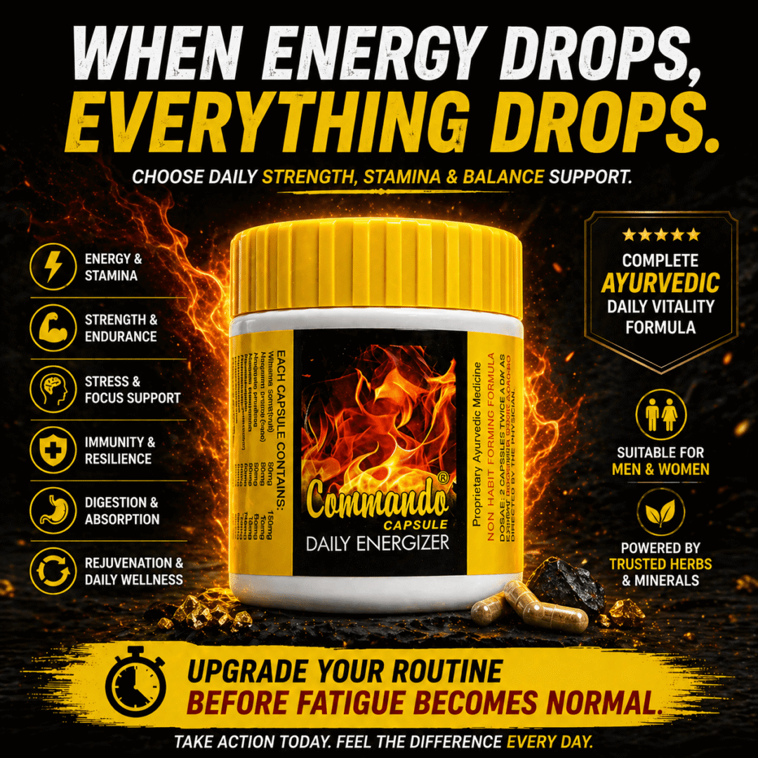 Commando Capsule Ayurvedic daily energizer, Commando Capsule low energy support, Commando Capsule strength and endurance support, Commando Capsule stress and focus support, Commando Capsule daily vitality formula, Commando Capsule digestion and absorption support, Commando Capsule complete Ayurvedic vitality formula, Commando Capsule Rasayana rejuvenation support, and Commando Capsule stamina and focus support.