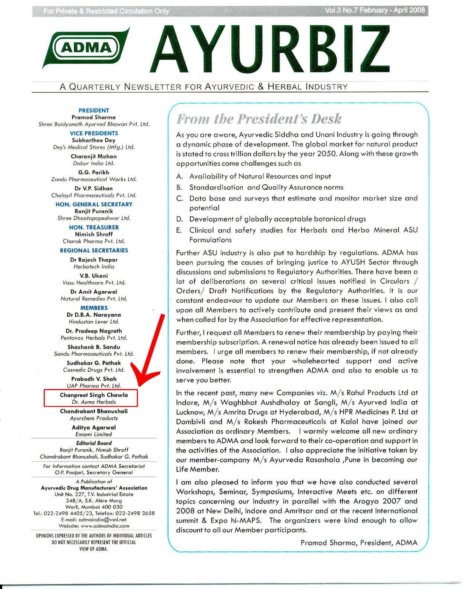 ADMA ARTICLE MEMBER LIST CHANPREET SINGH CHAWLA DR ASMA HERBALS AYURVEDIC DRUG MANUFACTURING MANUFACTURERS ASSOCIATION