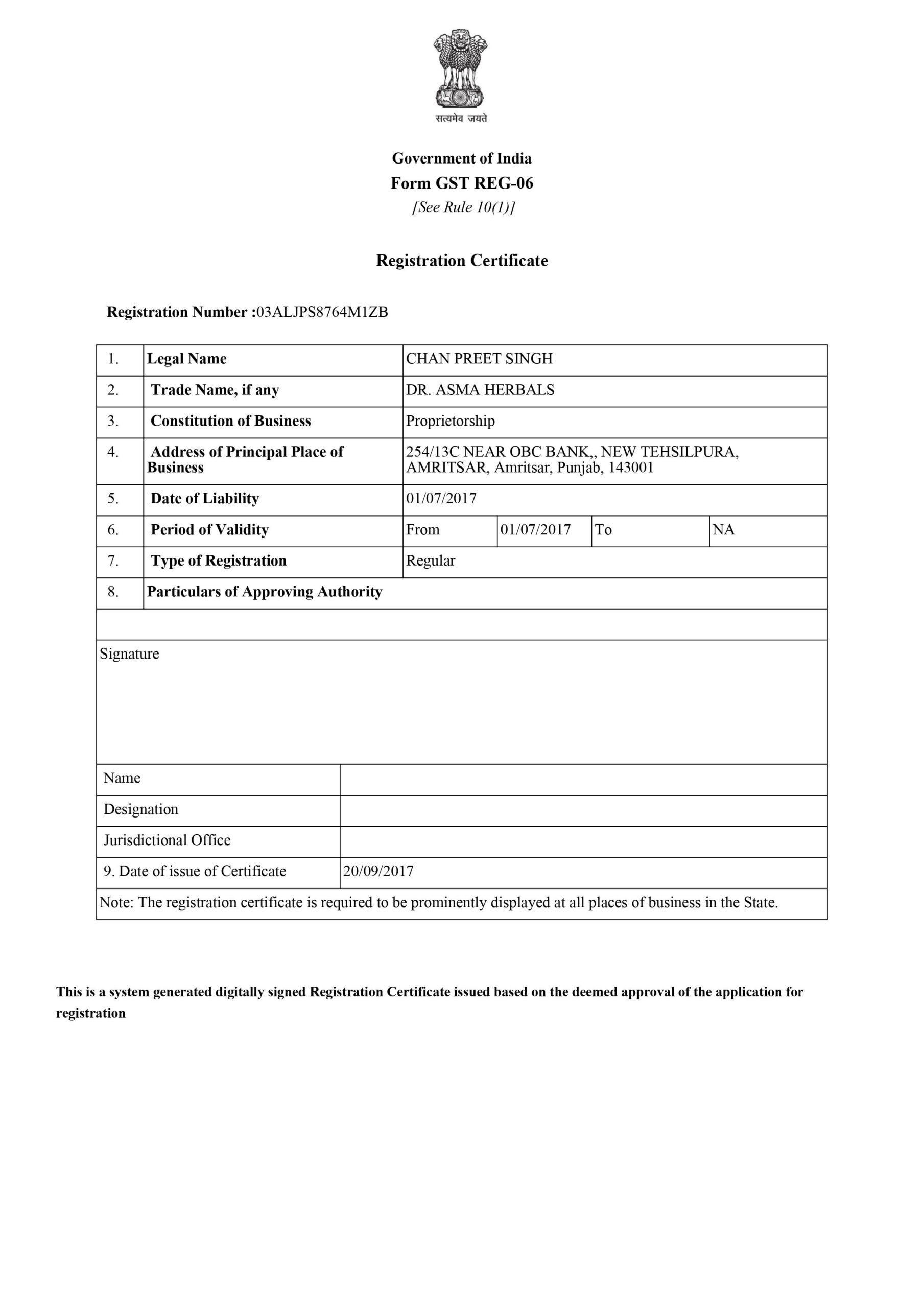 Dr. Asma Herbals GST Certificate
