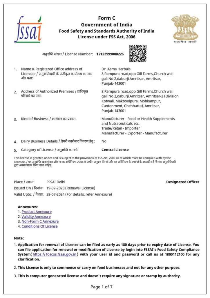 FSSAI License - Nutraceutical - Exporter - Dr. Asma Herbals