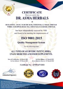 ISO 9001: 2015 Certificate - Dr. Asma Herbals
